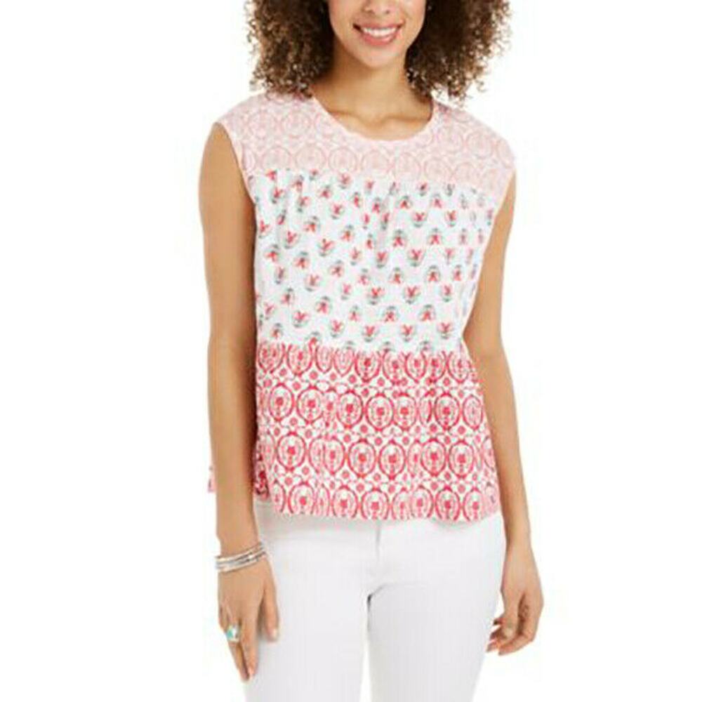 Style Co Women's Spring Embrace Tiered Printed Top Sleeveless Pink/White PS
